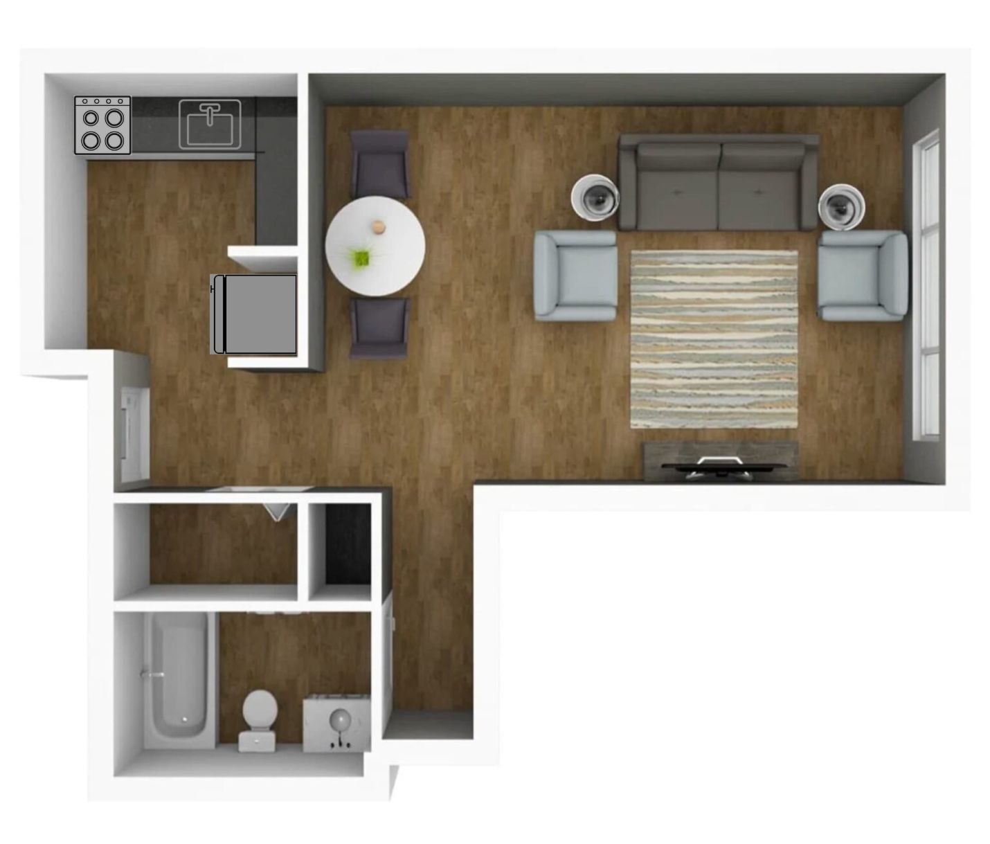 A floor plan of a small apartment with a living room , dining room , and kitchen.