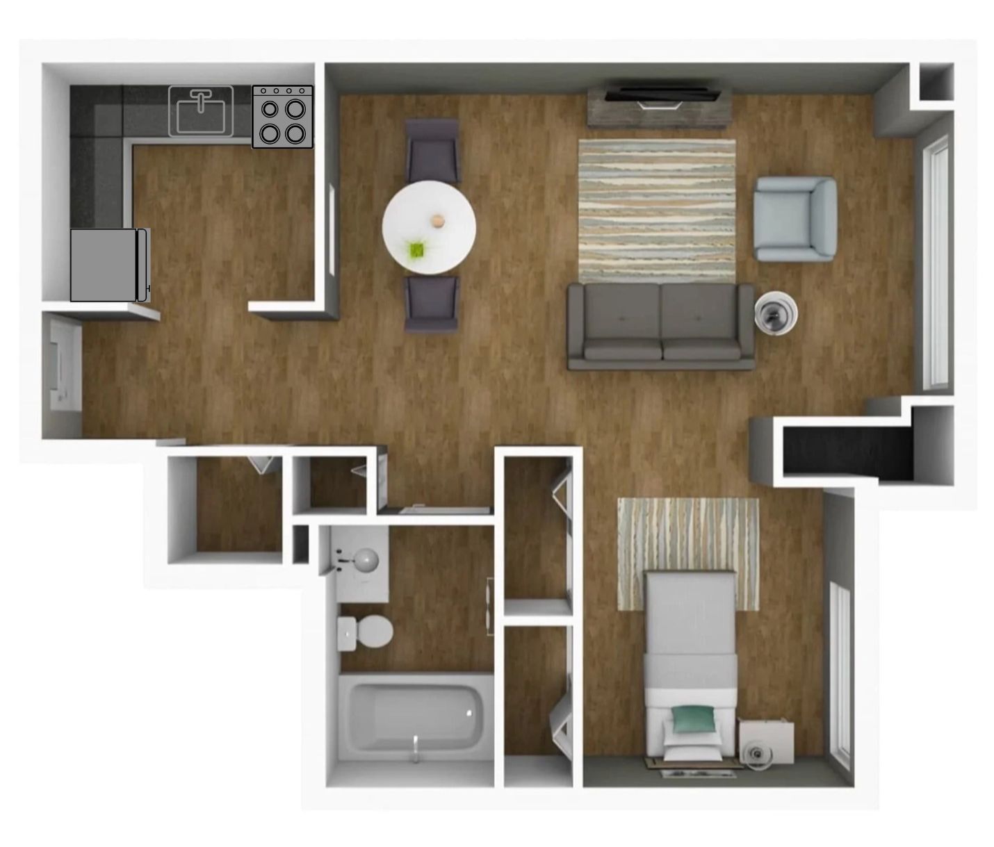 An aerial view of a floor plan of a small apartment.