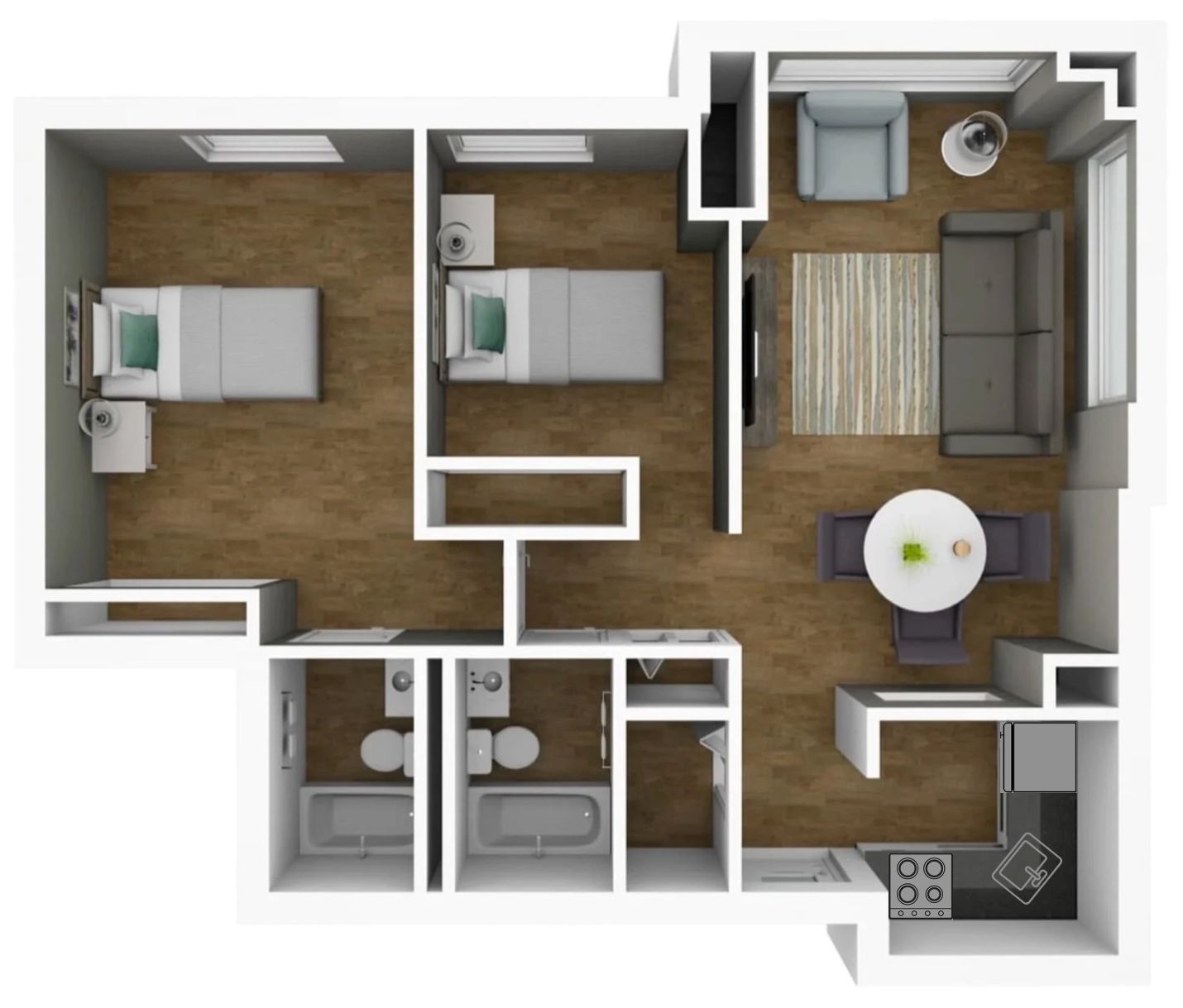 A 3d floor plan of a house with two bedrooms , a living room , and a dining room.