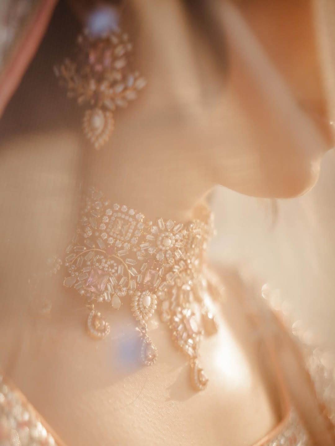 A close-up view of an intricate, gold-toned bridal choker necklace and matching earring in a soft, sunlit setting.