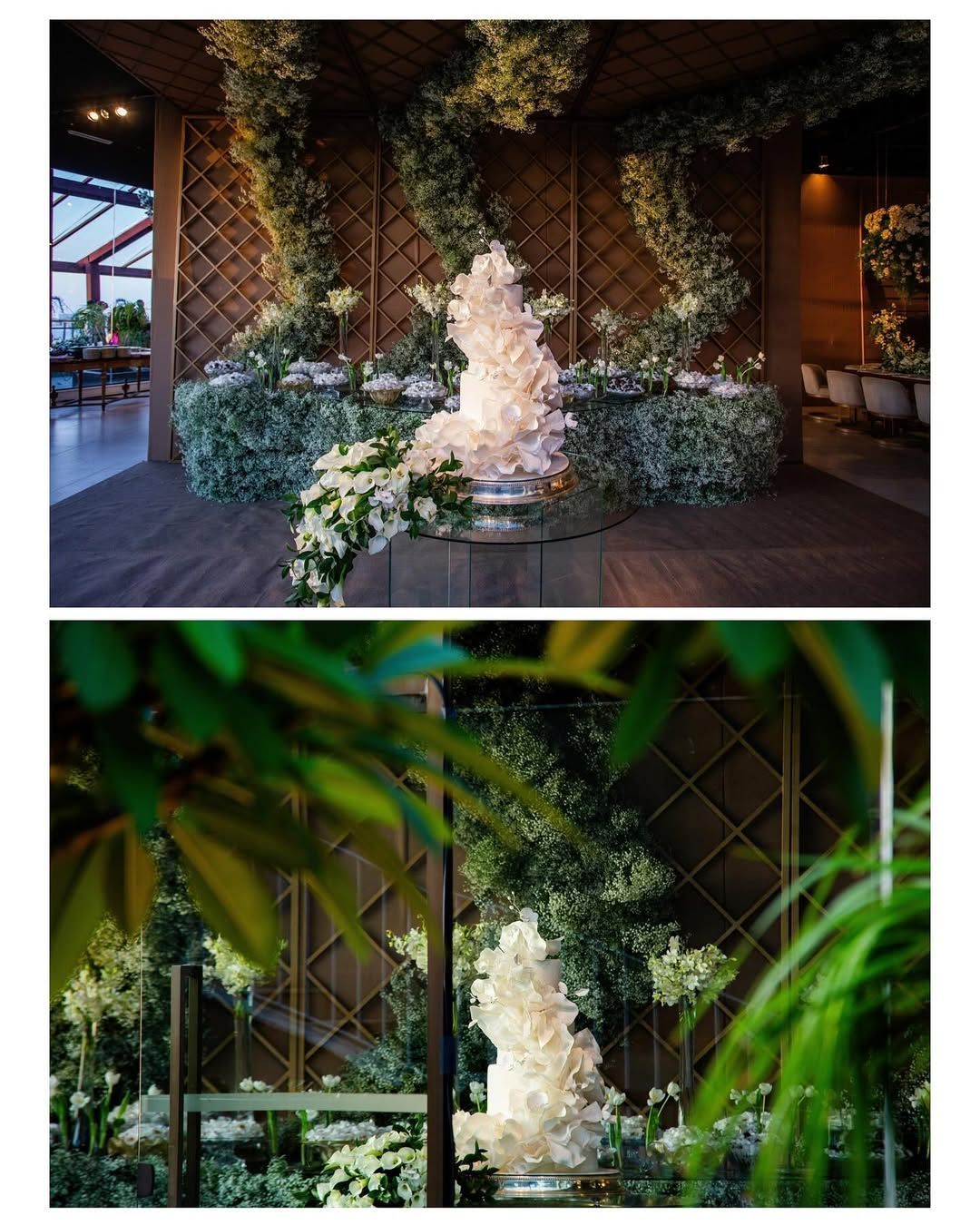 Two photos of an elegant, tiered white wedding cake adorned with floral detailing, displayed in a lush, green-filled venue.