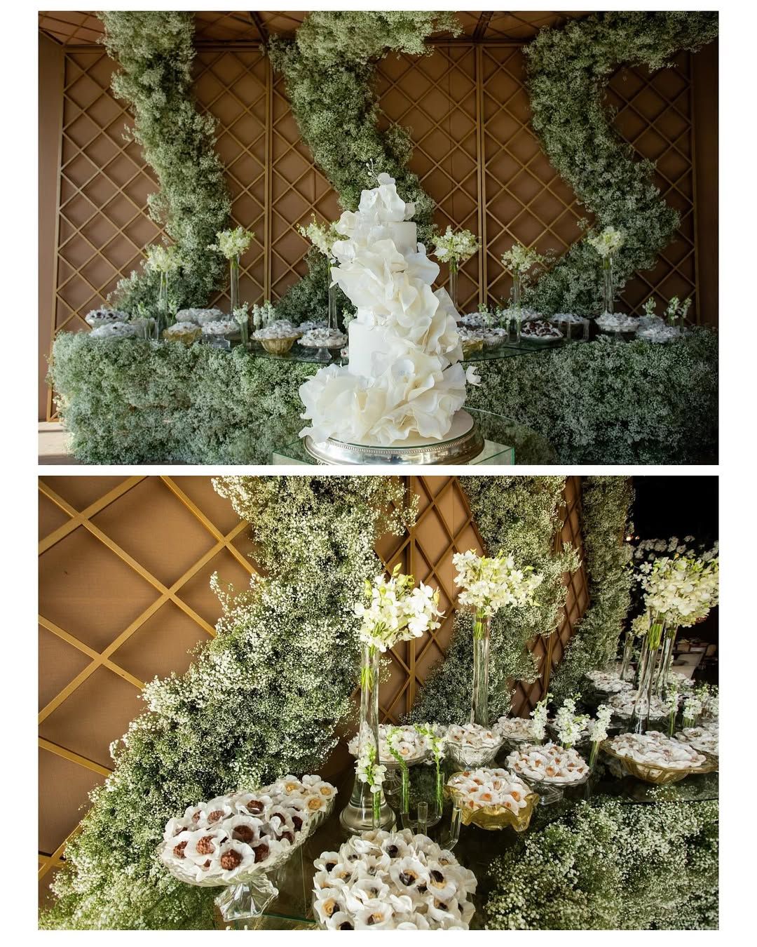 Two views of a lush, greenery-filled dessert display with a sculptural white wedding cake and small treats on pedestals.