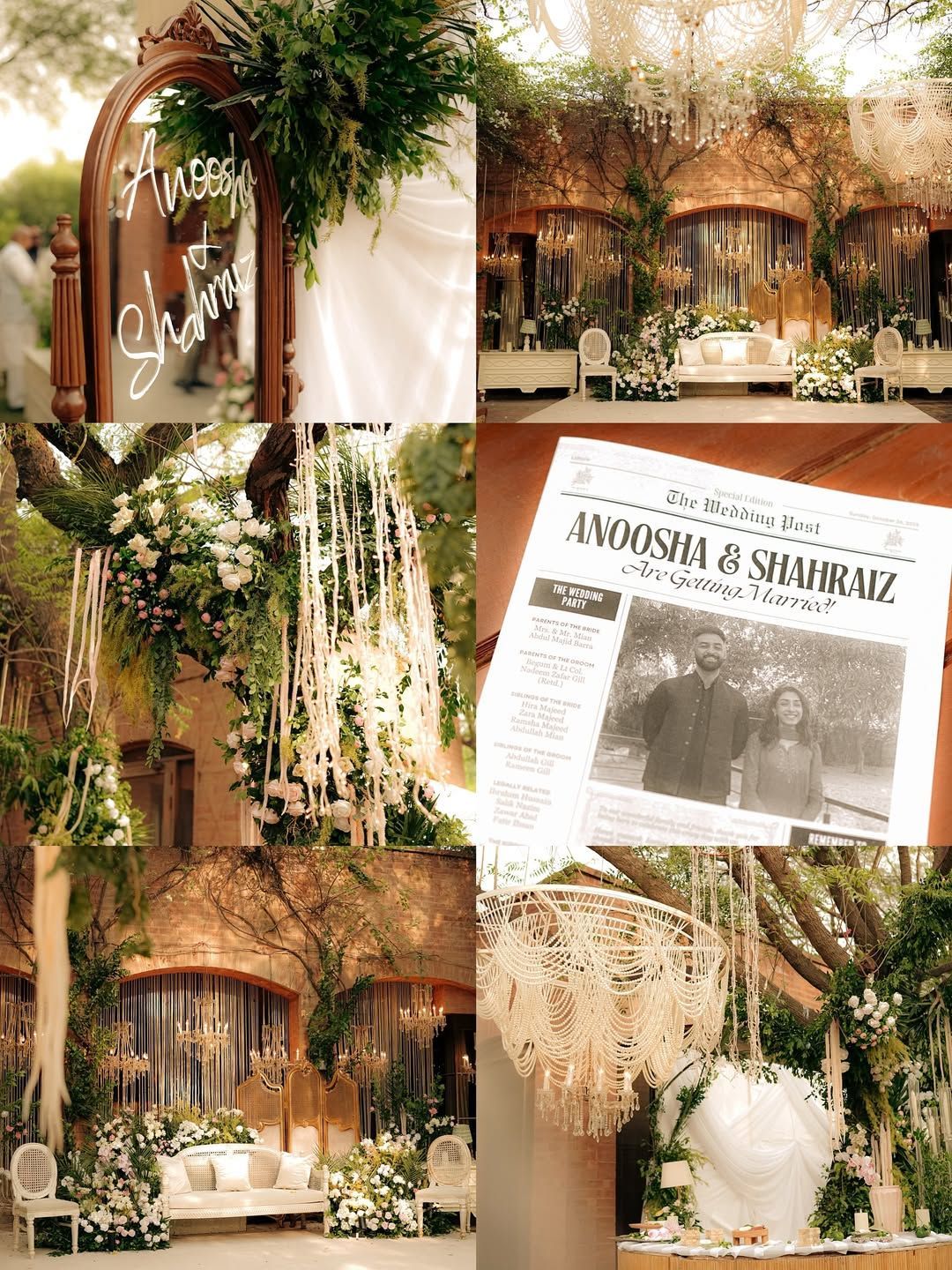 A collage of wedding decor featuring a mirrored sign, floral arrangements, chandeliers, and a custom wedding newspaper.
