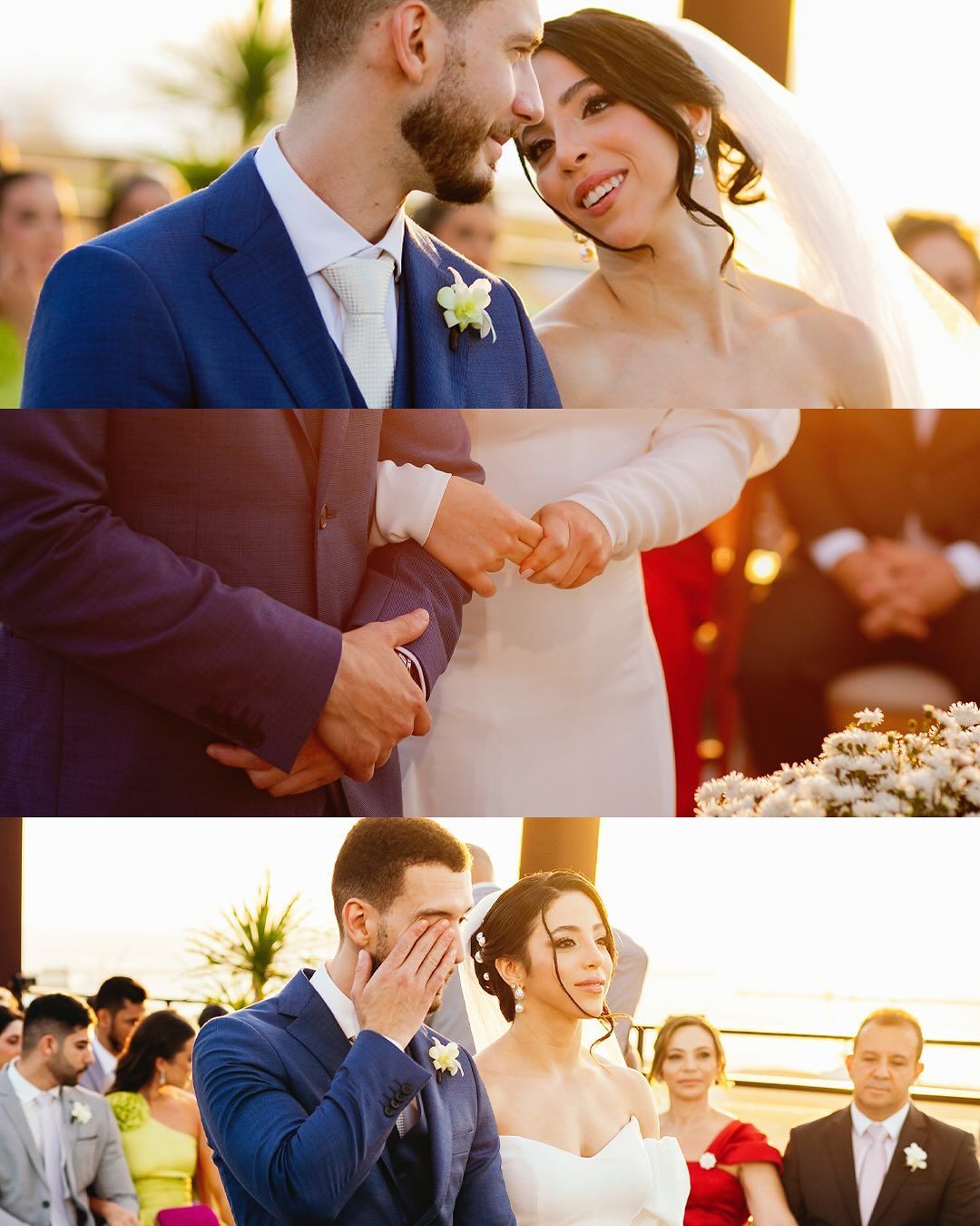 A bride and groom in wedding attire at an outdoor ceremony, shown interacting, holding hands, and sharing an emotional moment.