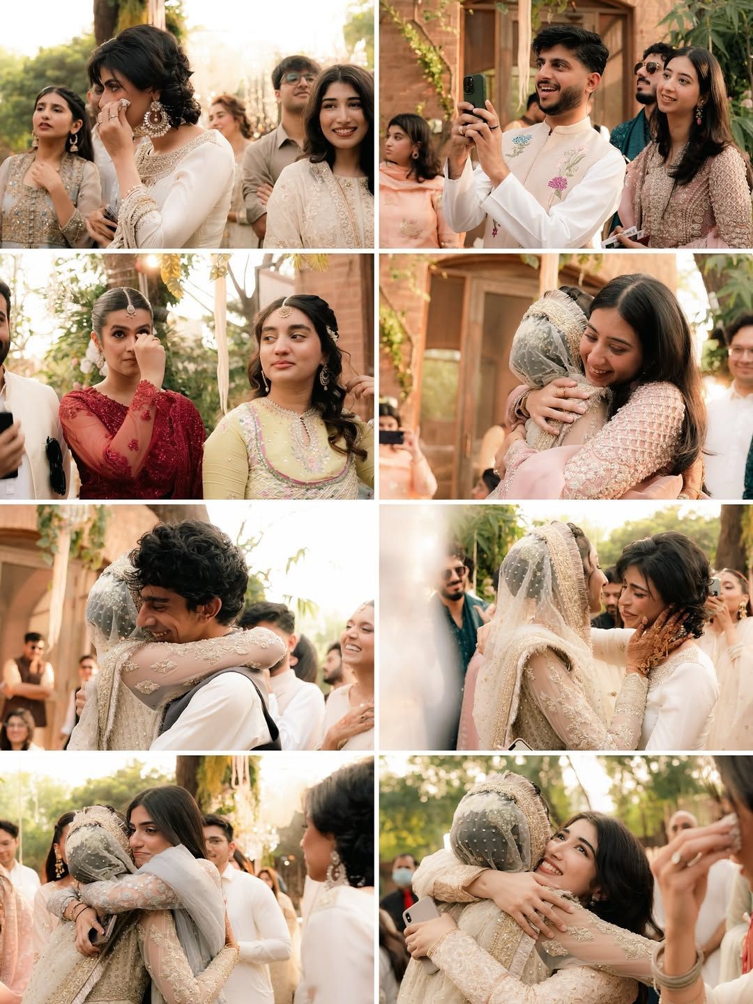 A collage of candid photos showing people in formal South Asian attire hugging, crying, and celebrating at an event.