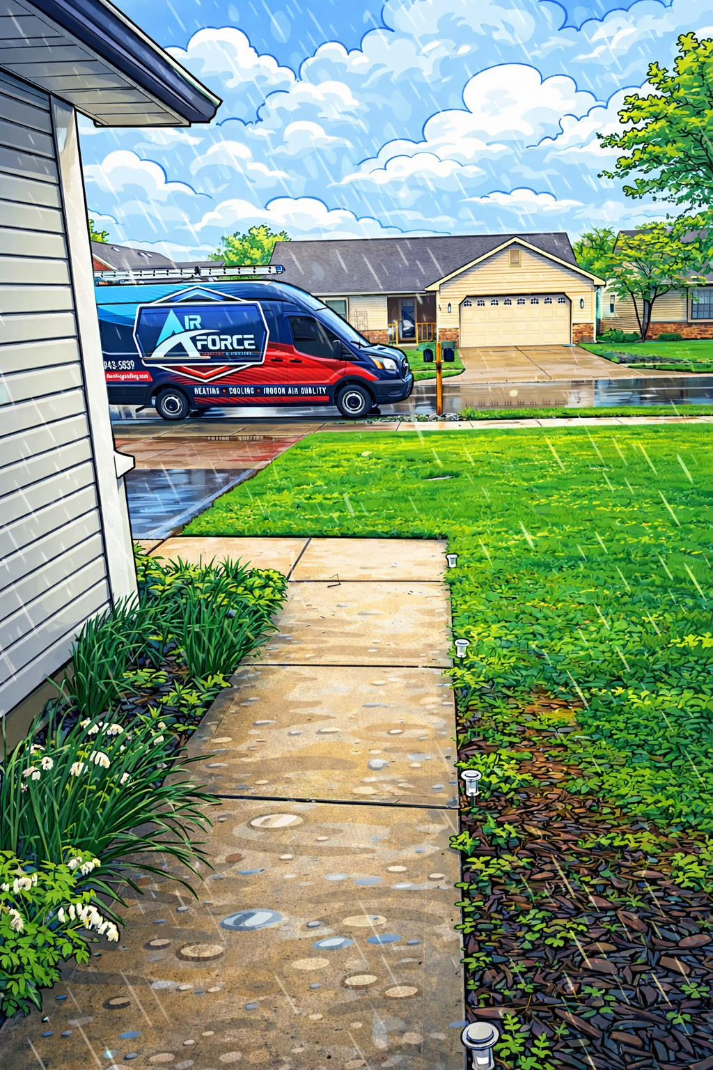 Rainy suburban sidewalk leading to a street with a blue-and-red service van parked near houses