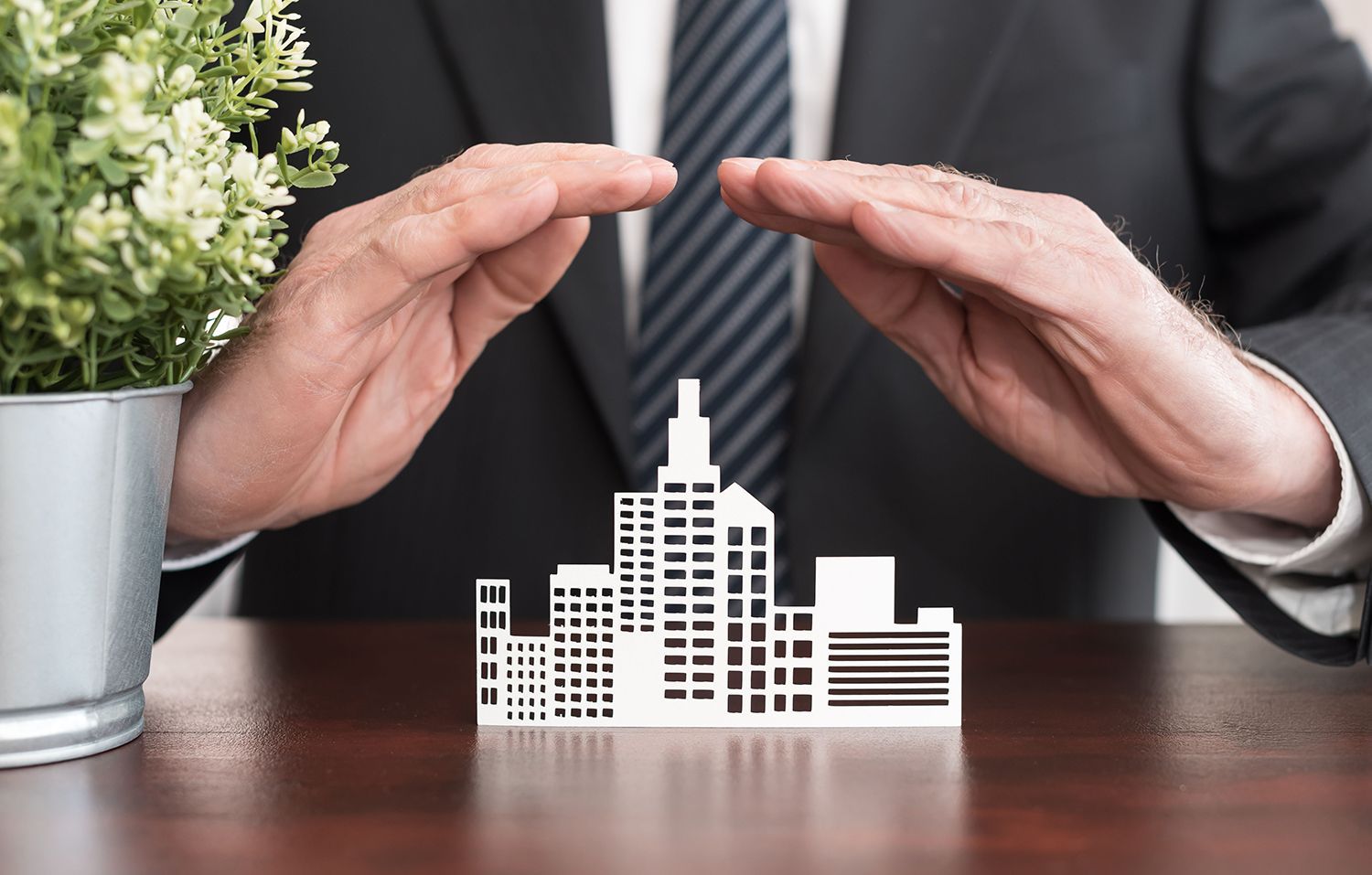 Hands shielding a small white city model beside a potted plant on a desk Hands shielding a small white city model beside a potted plant on a desk