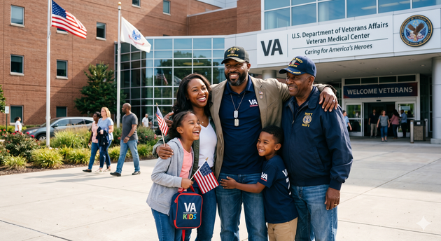 Family posing outside a VA hospital entrance, smiling with a large American flag in the background