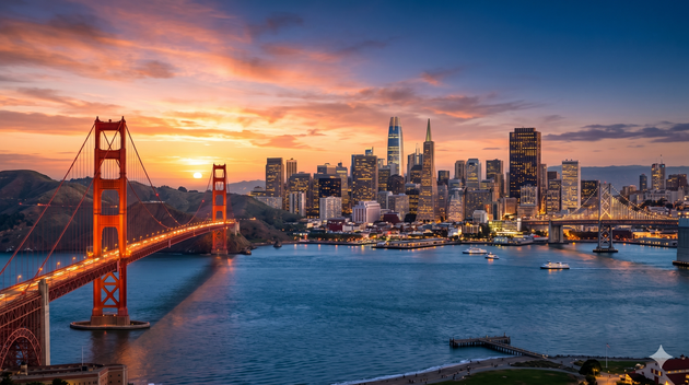 Golden Gate Bridge at sunset with San Francisco skyline and bay waters.