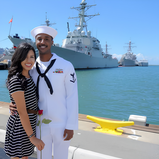 Couple posing by a large naval ship in a sunny harbor, with blue water and a clear sky