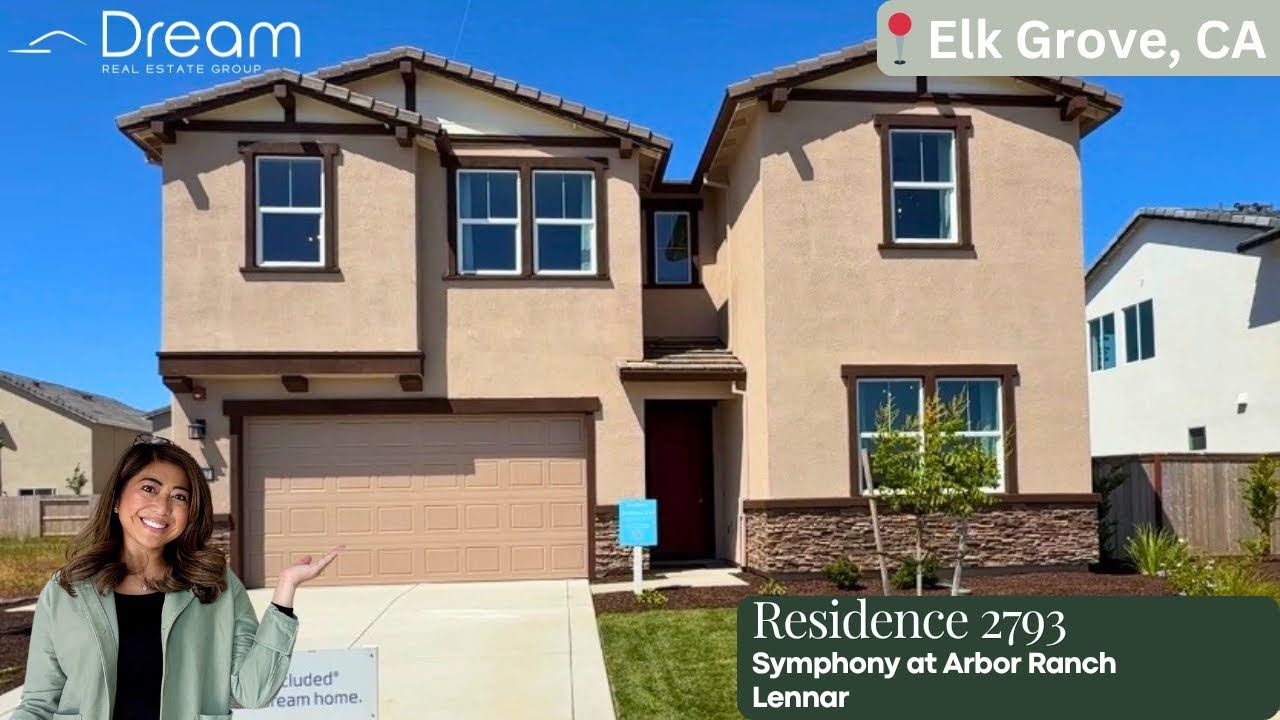 Two-story tan house with garage in Elk Grove, CA, labeled Residence 2793 at Symphony at Arbor Ranch