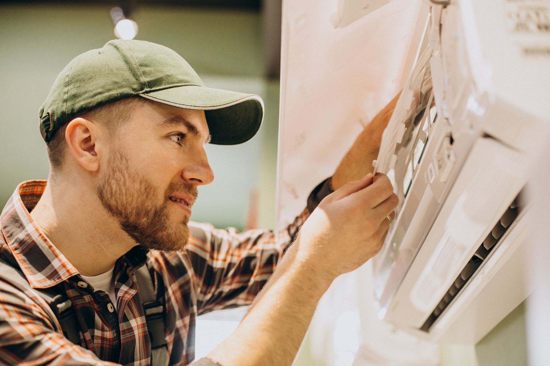 Technician in a green cap inspecting an outdoor air conditioner unit with a screwdriver