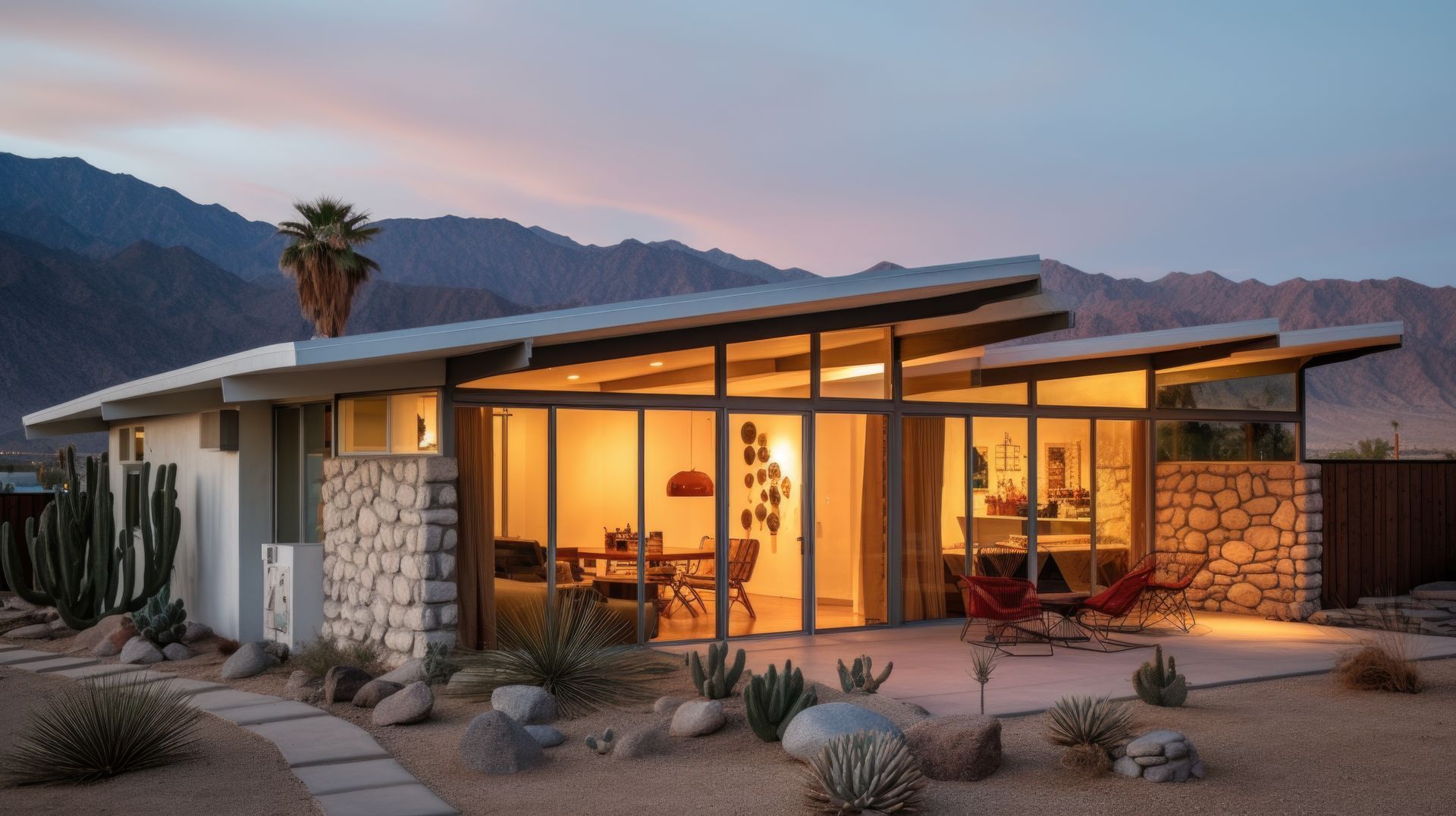 a house with a lot of windows and mountains in the background
