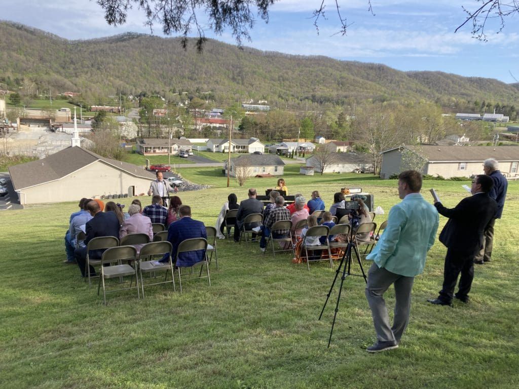Early morning service above the church building