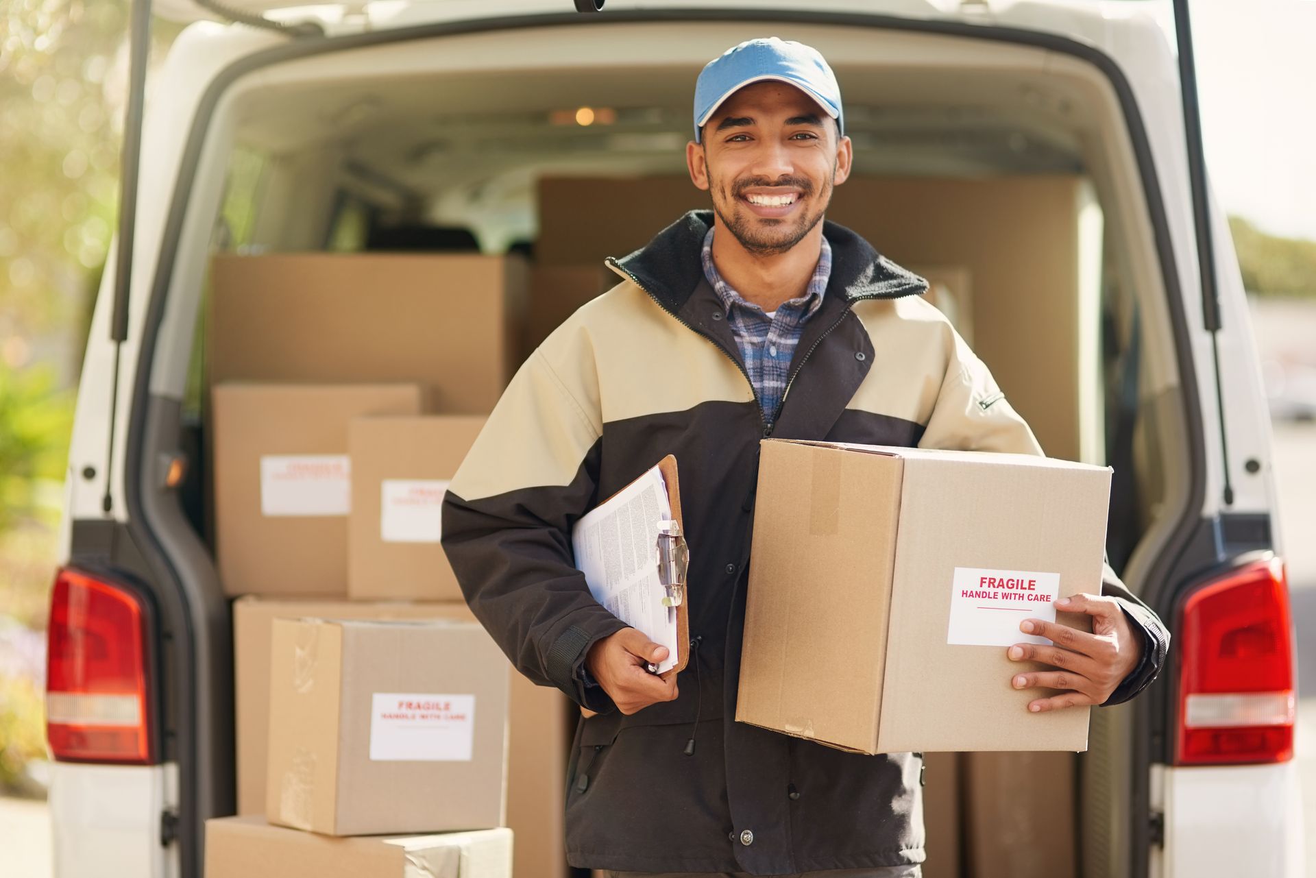 A male deliveryman, holding a package, stands in front of a van full of more packages.