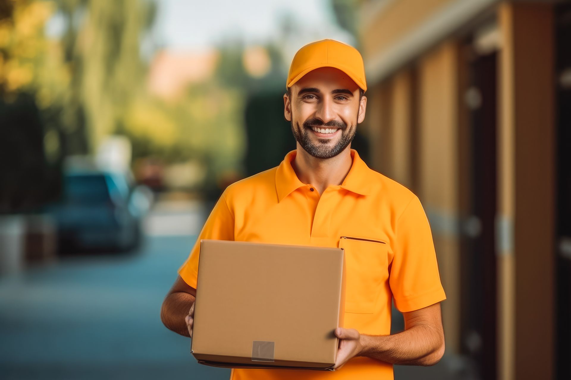 A delivery worker in an orange uniform is holding a package outdoors. A delivery worker in an orange uniform is holding a package outdoors.