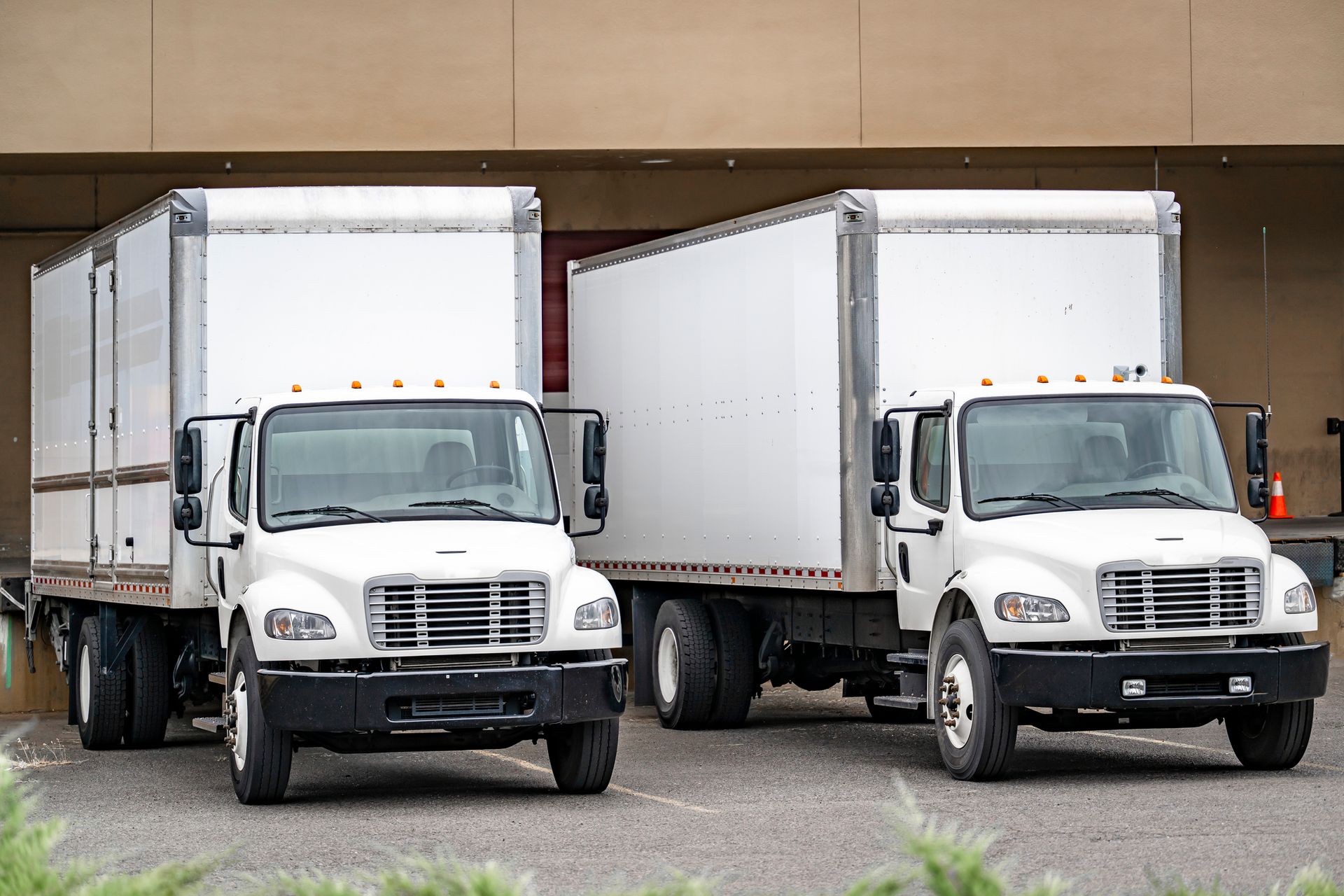 White semi-trucks parked in a row at sunset. White semi-trucks parked in a row at sunset.
