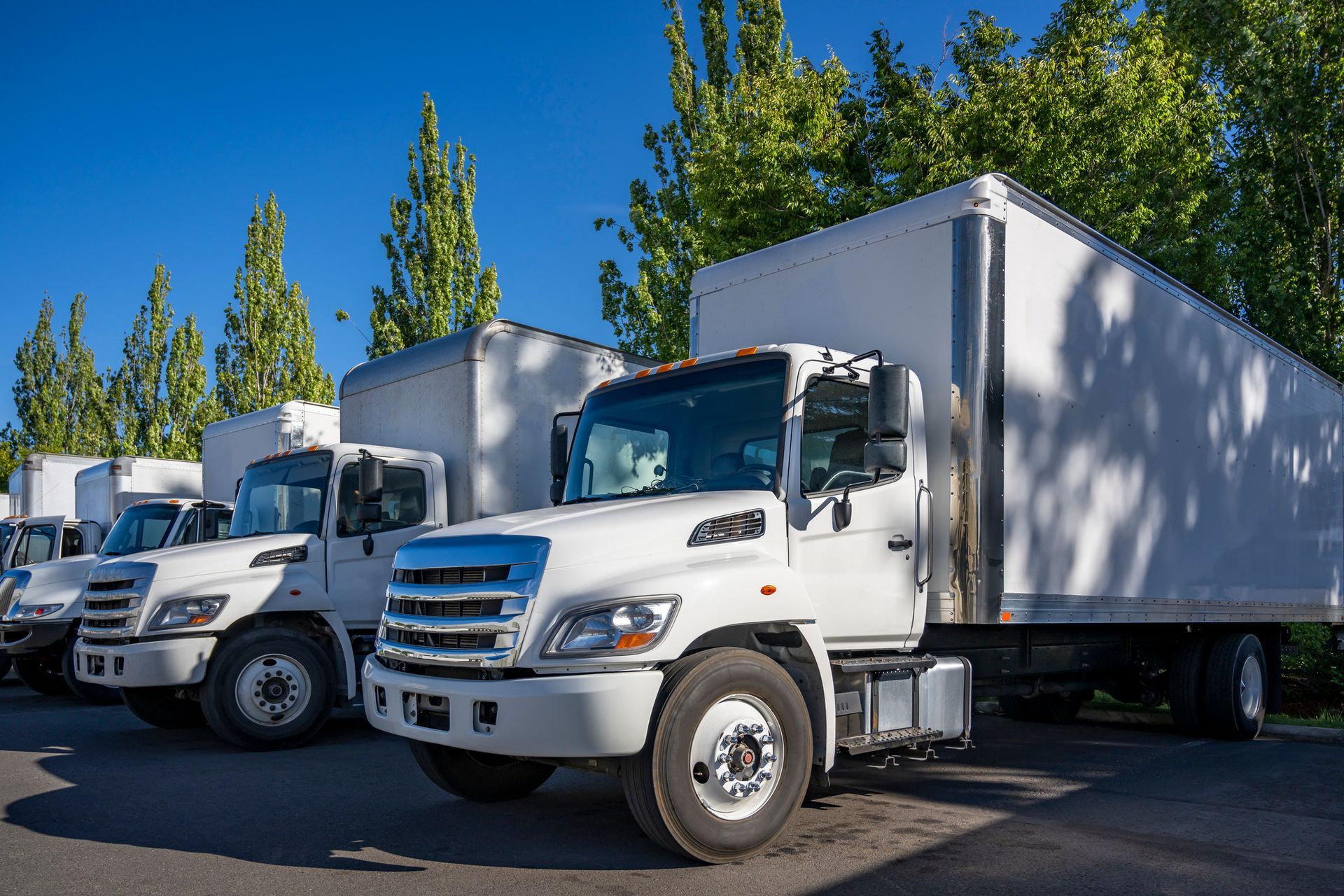 Line of white trucks parked outdoors under a blue sky with clouds. Line of white trucks parked outdoors under a blue sky with clouds.