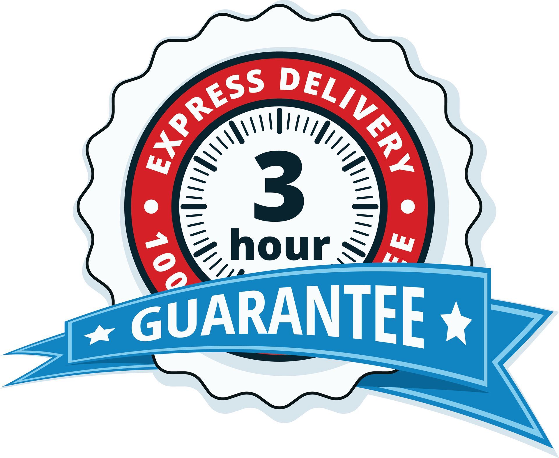 Express delivery guarantee badge, red and white with blue ribbon, reads 