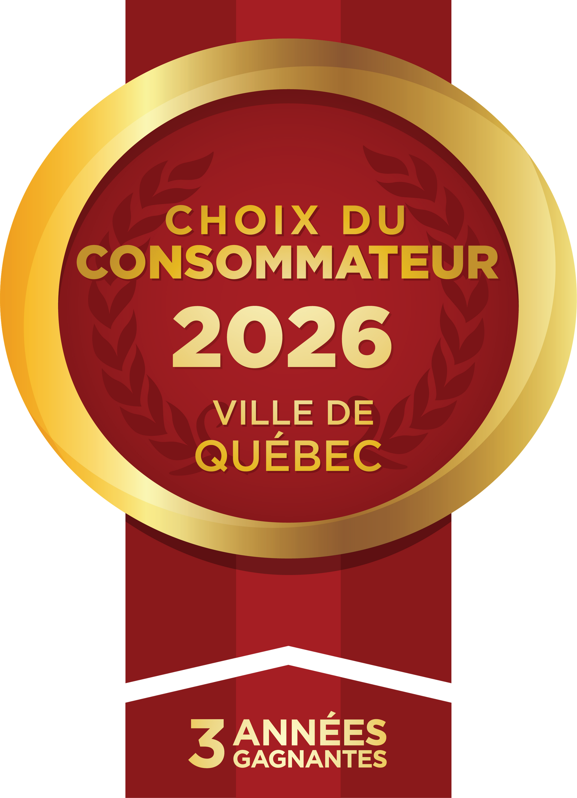 Prix Choix du Consommateur 2025, Ville de Québec, badge or et rouge sur ruban rouge.