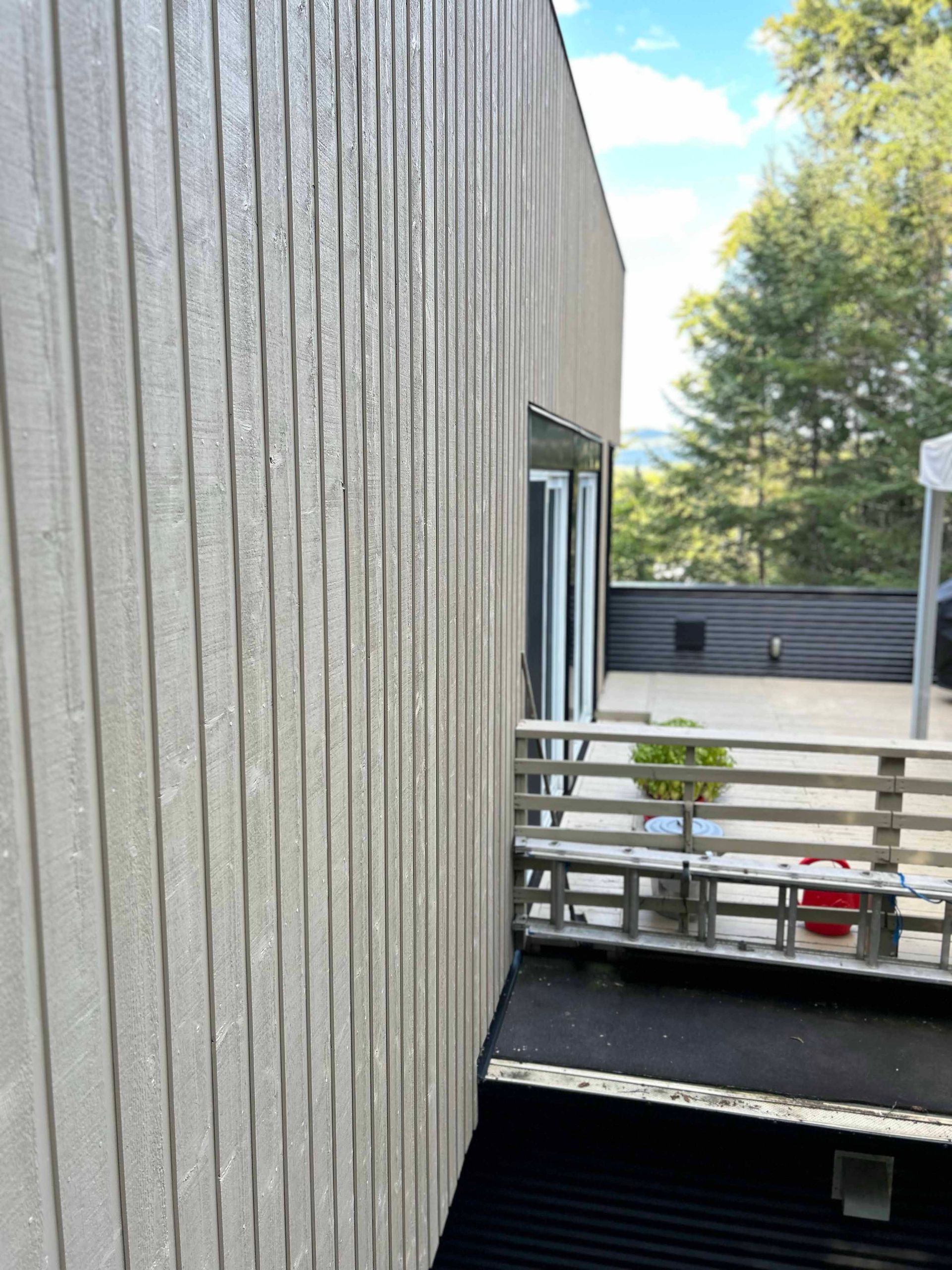 Revêtement vertical beige sur l'extérieur d'une maison moderne avec une terrasse et une vue sur les arbres.
