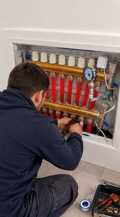 Fontanero instalando un colector rojo de calefacción por suelo radiante con manómetro en un hueco de la pared