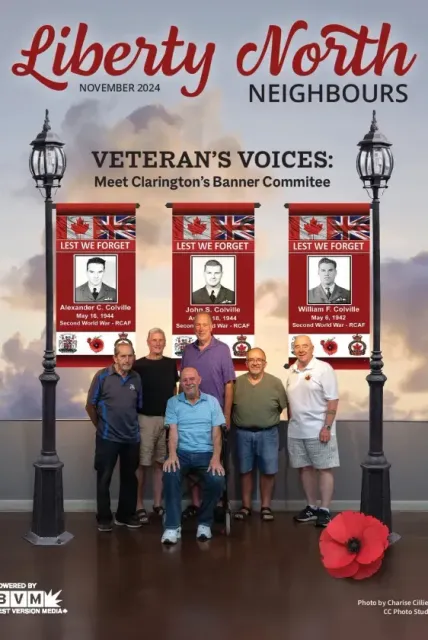 Liberty North Neighbours veterans vote poster with five people, red poppies, and a cloudy sunset backdrop