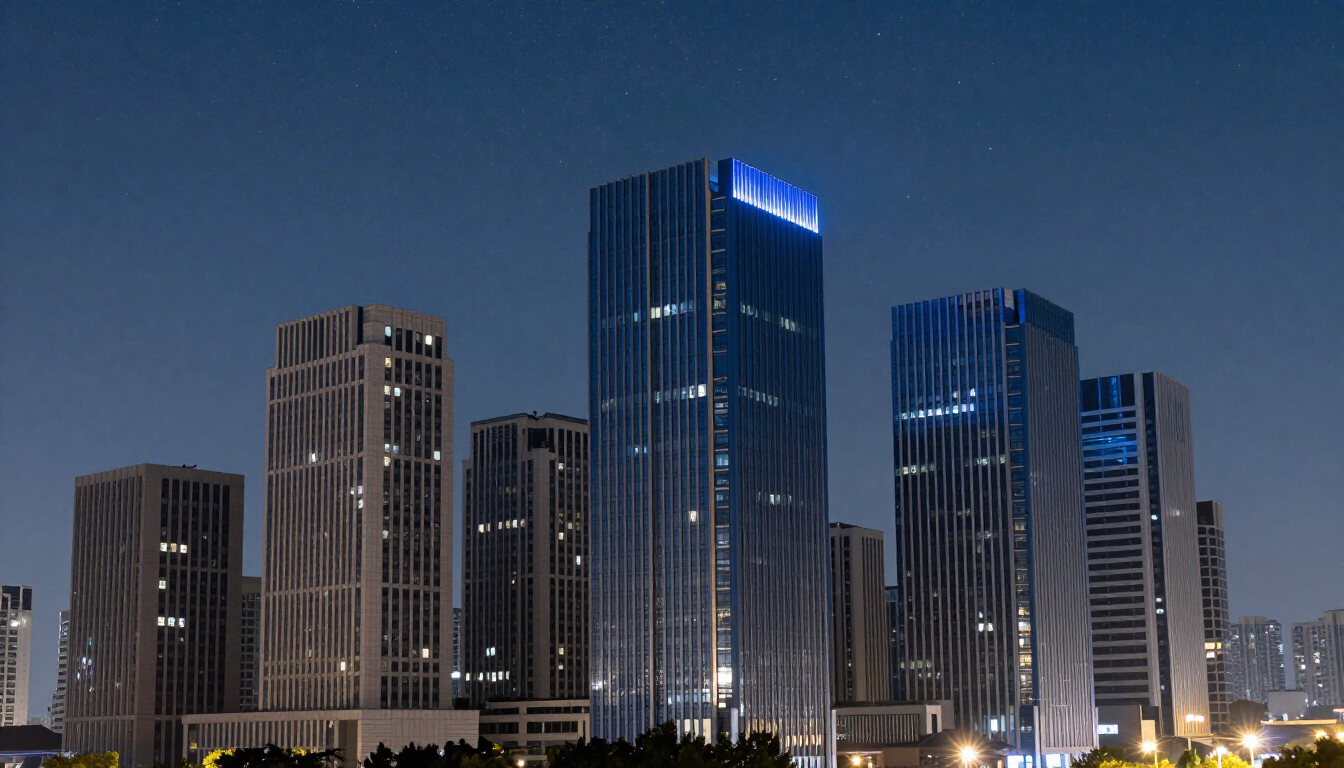 Modern city skyline at dusk with illuminated glass skyscrapers and a dark blue sky