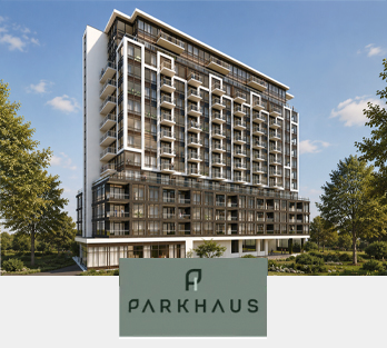 Modern beige apartment building render with a PARKHAUS sign in front