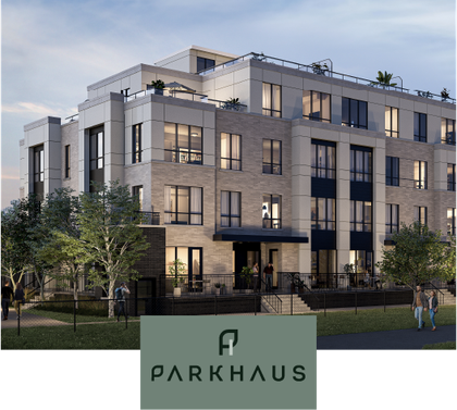 Modern beige apartment building render with a PARKHAUS sign in front