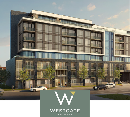 Westgate apartment building rendering with glass facade and street-level storefronts