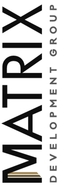 Vertical MATRX Development Group logo in black and white with stylized striped text.