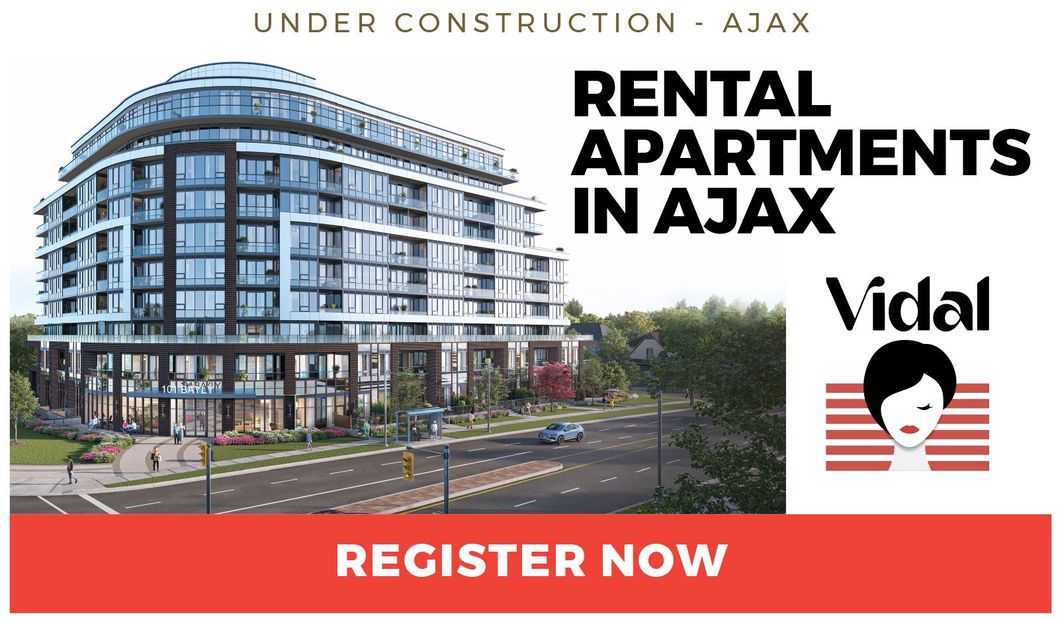 Under construction banner for rental apartments in Ajax with building photo, Vidal logo, and “Register Now” button