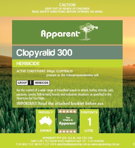 A Label for A Herbicide Called Apparent Clopyralid 300 — Hazells Farm & Fertilizer Services in Taminda, NSW