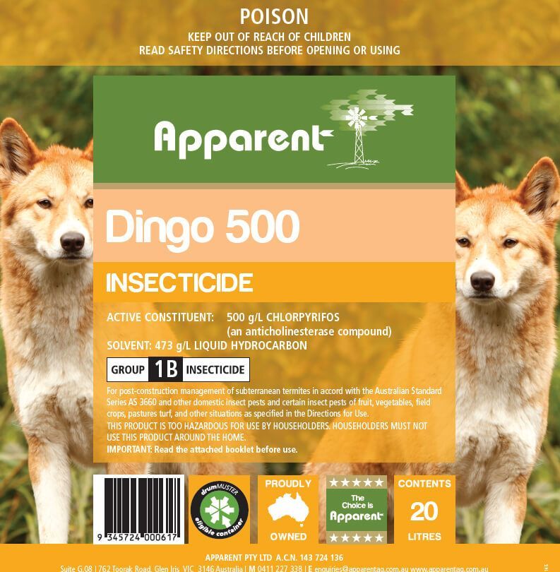 A Label for Dingo 500 Insecticide with Two Dogs on It — Hazells Farm & Fertilizer Services in Taminda, NSW