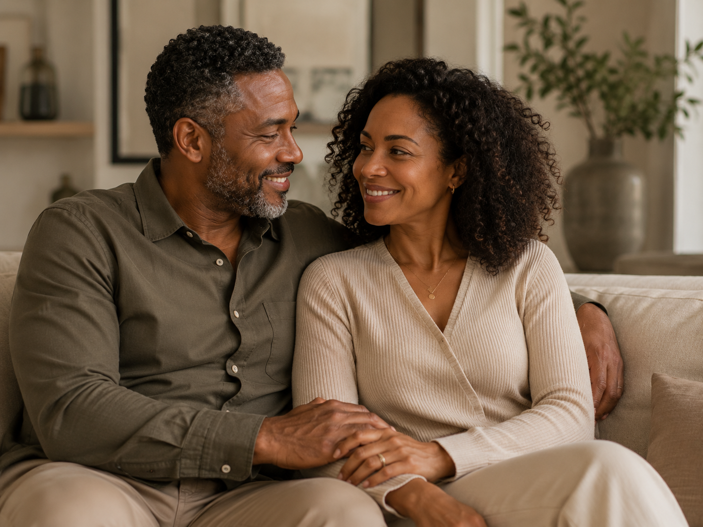 A smiling couple sits together on a couch in a cozy living room, holding hands.