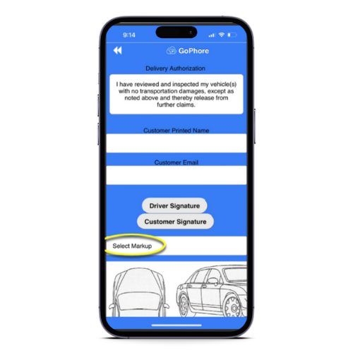 A cell phone is displaying a screenshot of a car inspection app.