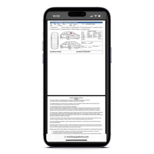 A cell phone is displaying a pdf of a car inspection report.
