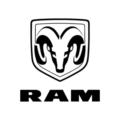 A black and white logo for dodge ram with a ram head on a shield.