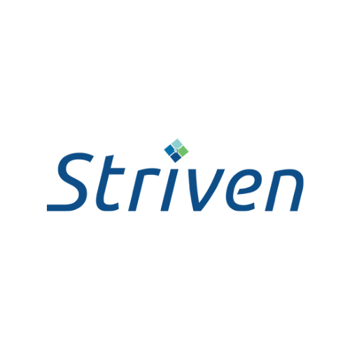 A blue and green logo for striven on a white background.