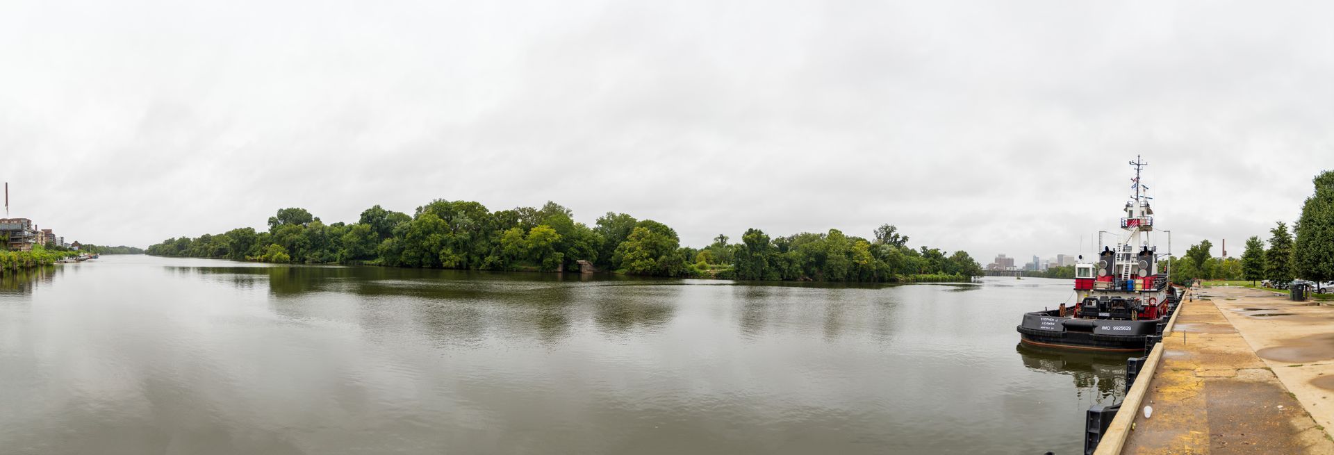 A large body of water with trees on the shore and a boat in the water.