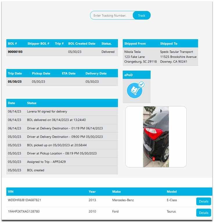 A screenshot of a website with a picture of a car on it