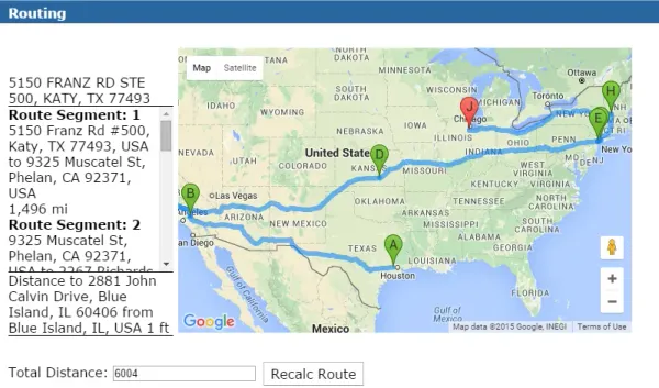 A map of the united states showing route segments 1 and 2