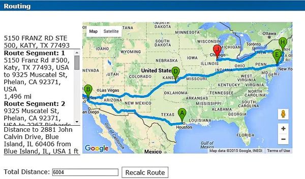 A map of the united states showing route segments 1 and 2
