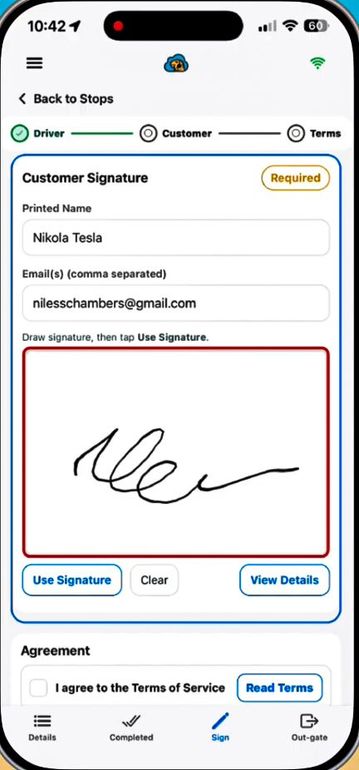 A blue screen with a signature on it