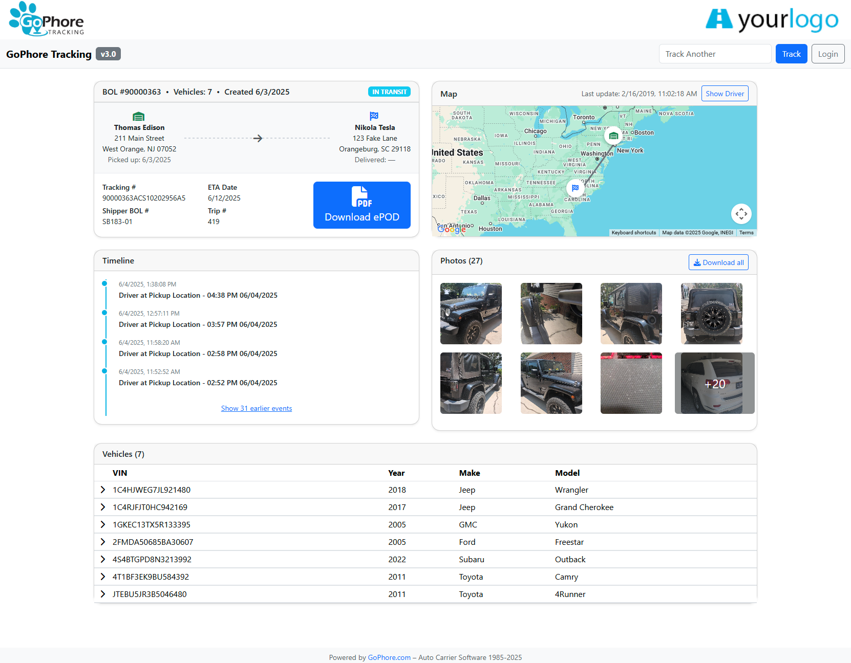 Webpage showing vehicle details, map, photos, and comparison data.