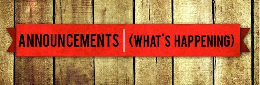 A red sign that says announcements what 's happening