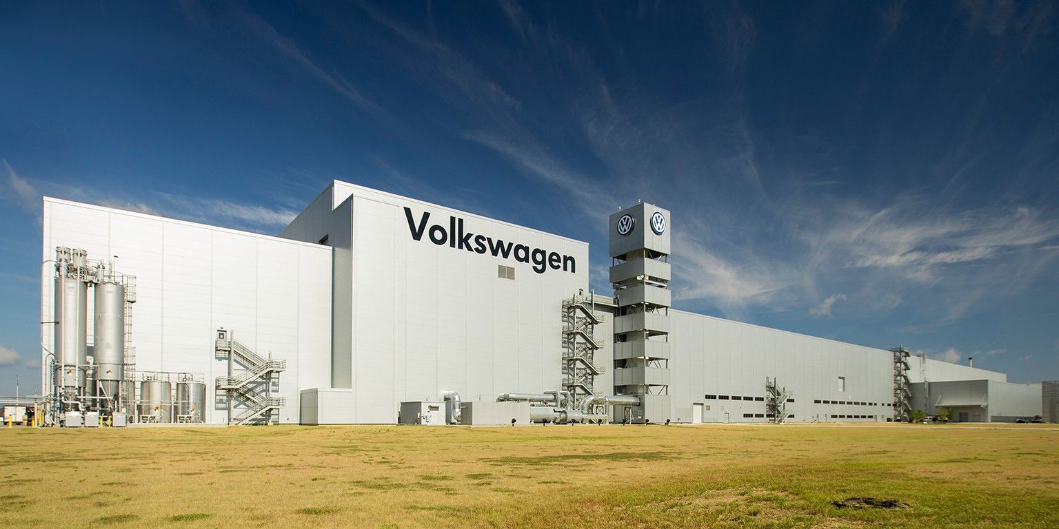 A large white building with the word volkswagen on it