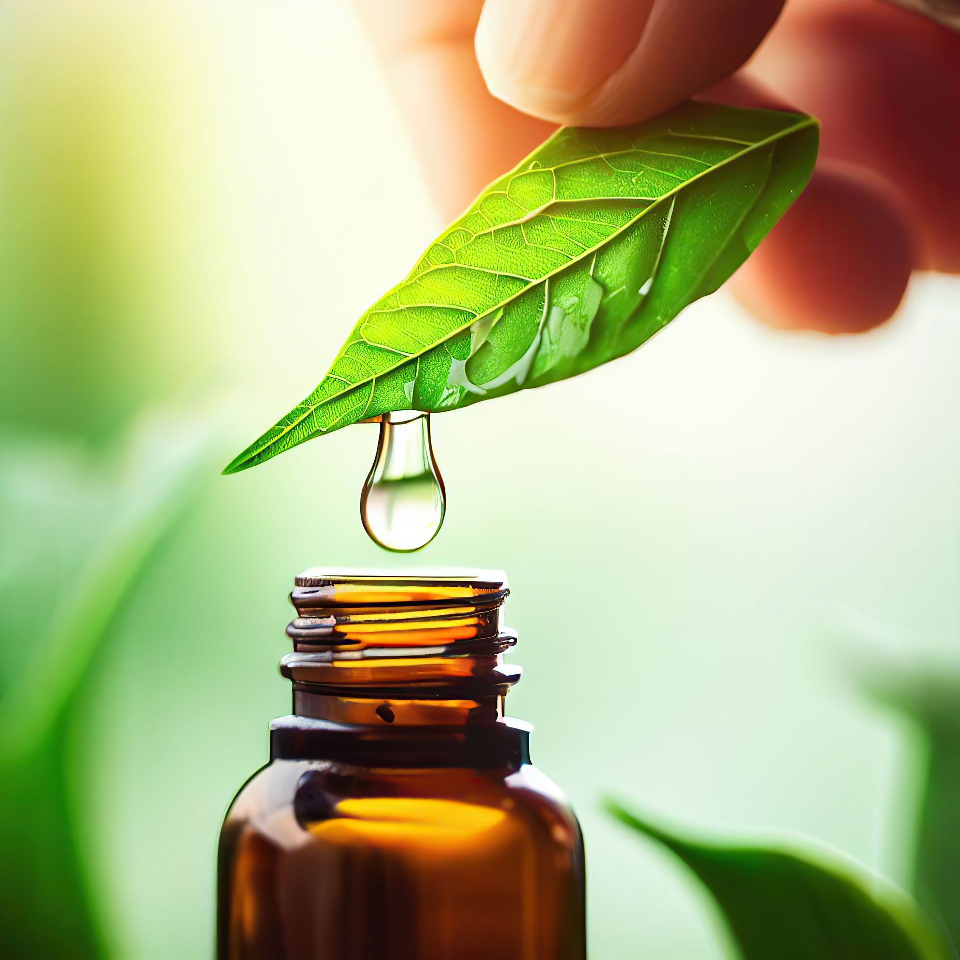 a drop of liquid is being poured from a leaf into a bottle