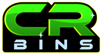 A green and black logo for a company called cr bins